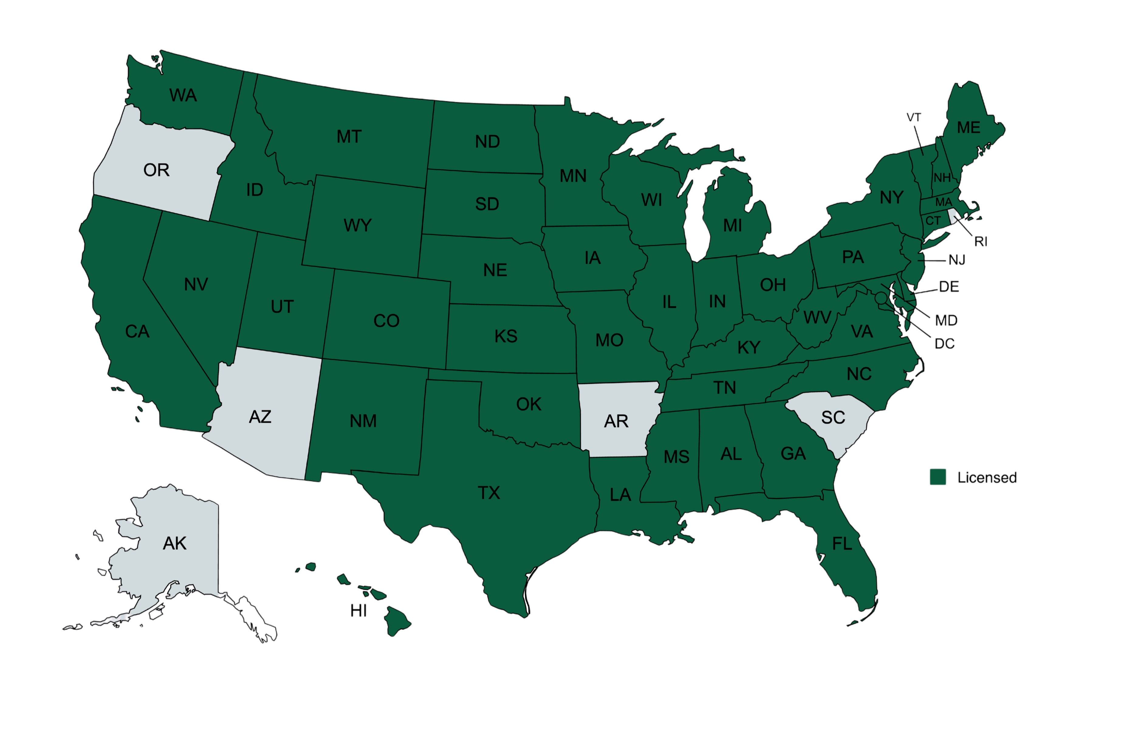 Map of U.S. states where Avenue Health providers are licensed